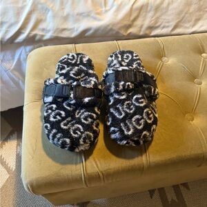 UGG Black and White Fuzzy Slippers with tightening strap